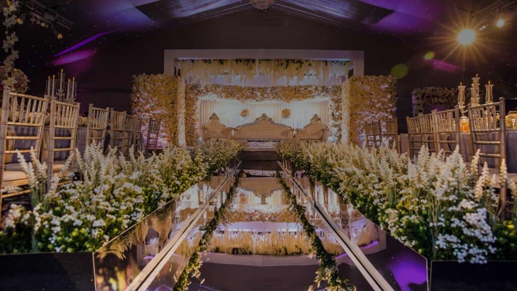 A wedding ceremony set up with flowers and decorations.