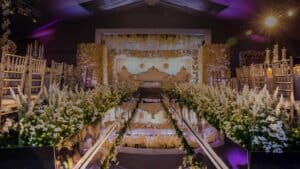A wedding ceremony set up with flowers and decorations.