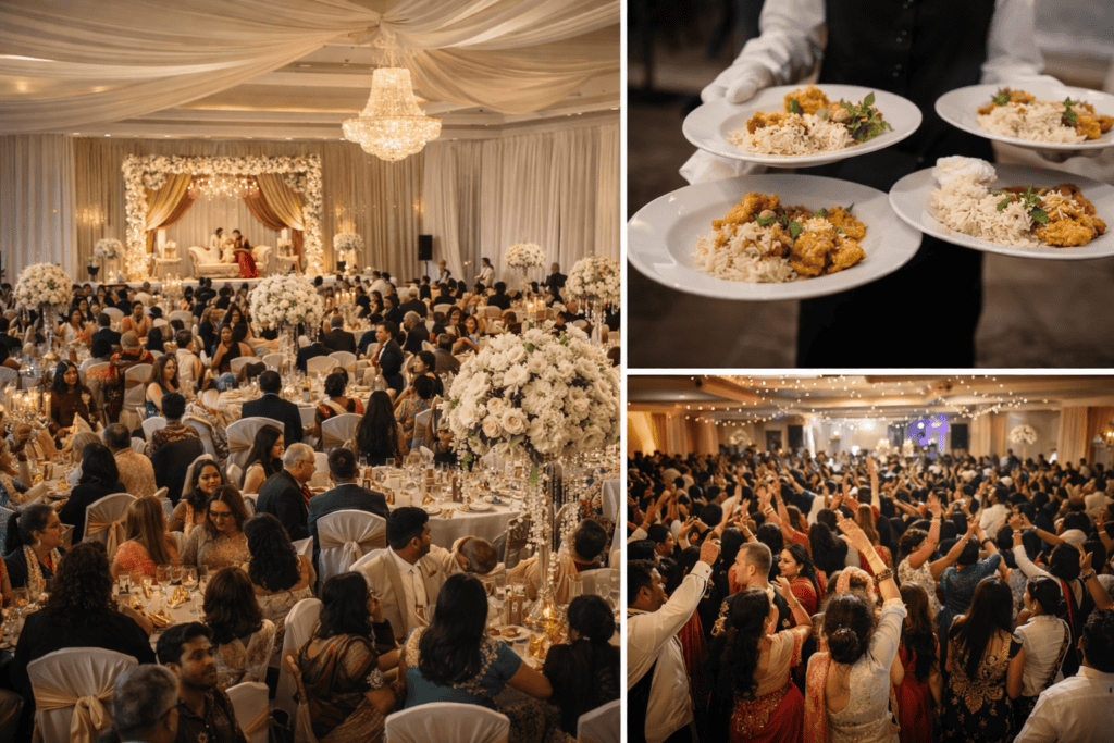 A lavish Indian wedding: left, a guest list fills a grand, flower-adorned hall facing a stage; top right, a server holds plates of rice and curry; bottom right, guests raise arms and dance under warm, festive lighting.