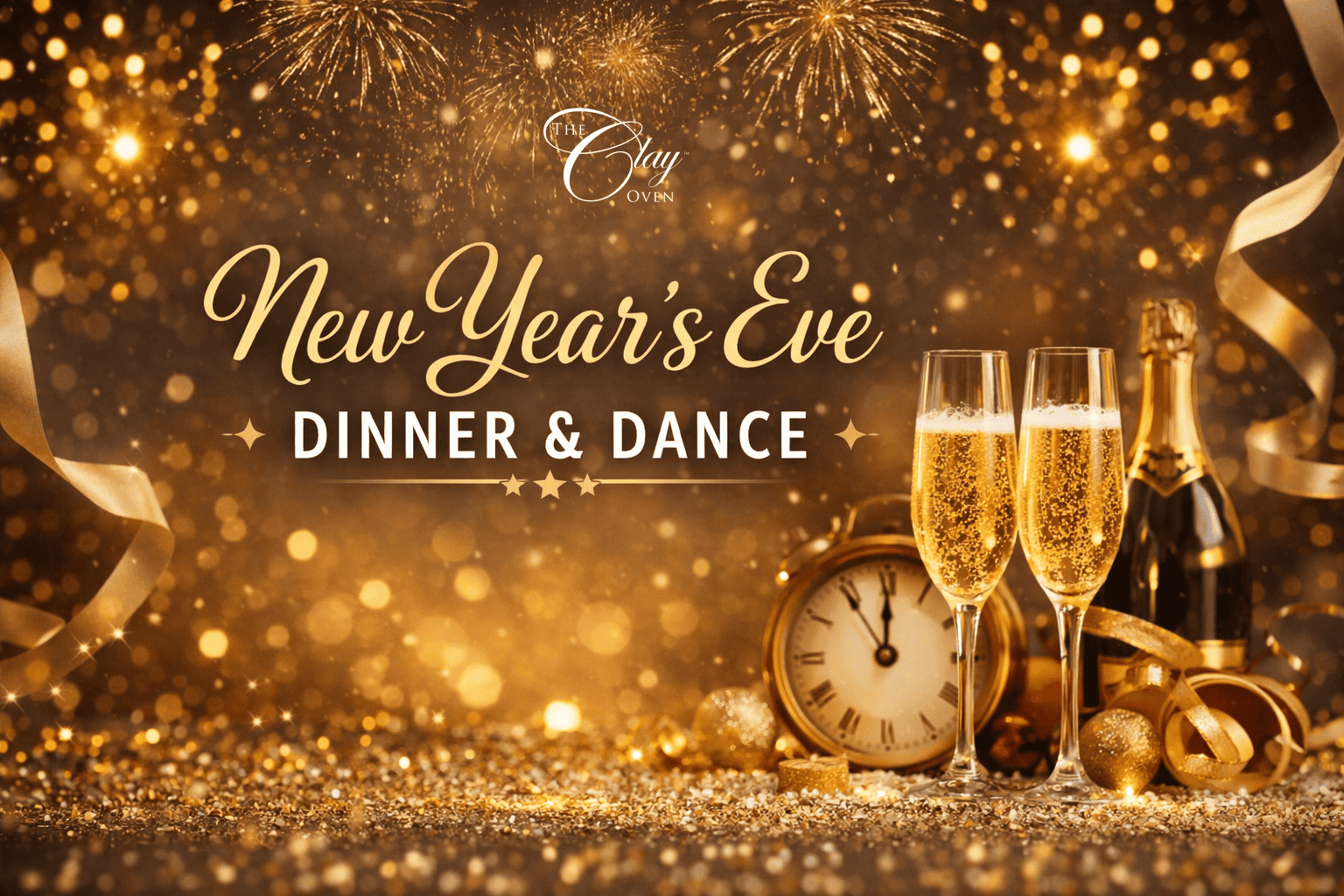 Two champagne glasses, a gold clock, and a champagne bottle sit on sparkling confetti with gold ornaments and ribbons. Fireworks burst in the background. Text reads: “New Year’s Eve Dinner & Dance” with “The Clay Oven” logo above.