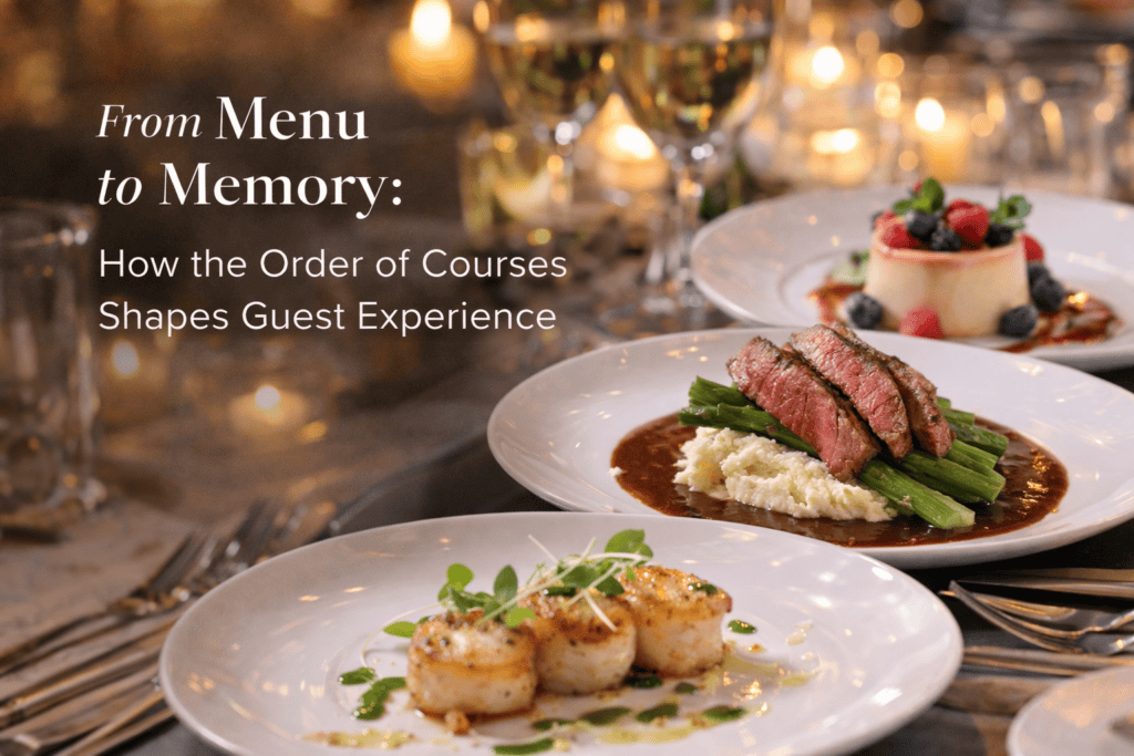 A table set for fine dining features seared scallops, steak with asparagus and mashed potatoes, and a berry dessert. Wine glasses and candles add elegant ambiance as text overlays highlight the Menu's order of courses and its impact on guest experience.
