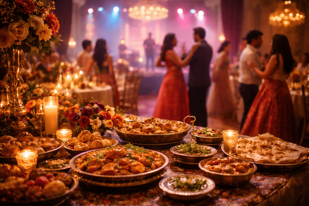 A lavish banquet table displays an array of colorful Indian food by The Clay Oven UK, surrounded by candles and flowers. In the background, elegantly dressed guests dance in a softly lit ballroom, creating a festive entertainment atmosphere.