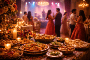 A lavish banquet table displays an array of colorful Indian food by The Clay Oven UK, surrounded by candles and flowers. In the background, elegantly dressed guests dance in a softly lit ballroom, creating a festive entertainment atmosphere.