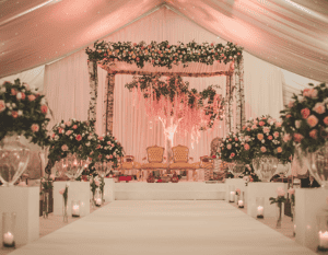 A lavish wedding stage is decorated with a floral arch, pink blossoms, and white drapery. Gold chairs sit beneath the arch, flanked by large vases of roses and greenery for a romantic touch—perfect even for budget-friendly celebrations.