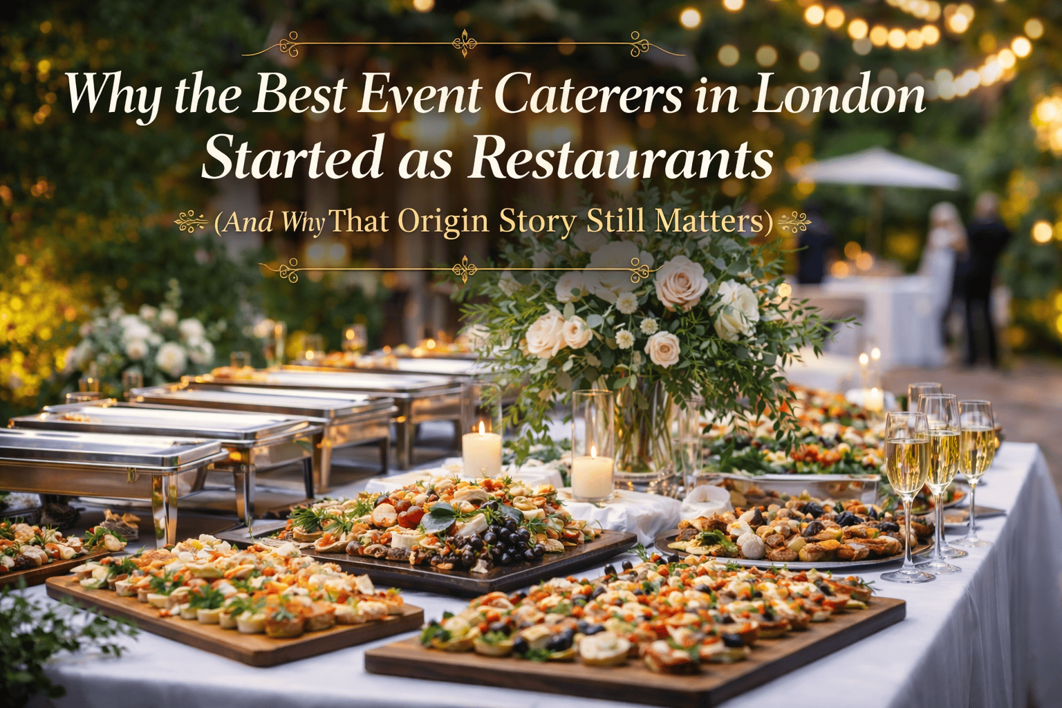 A sophisticated outdoor setup features elegant platters of appetizers and champagne on white-clothed tables, with floral centerpieces and buffet trays. String lights create a warm ambiance as overlaid text highlights the best event caterers London restaurants offer.