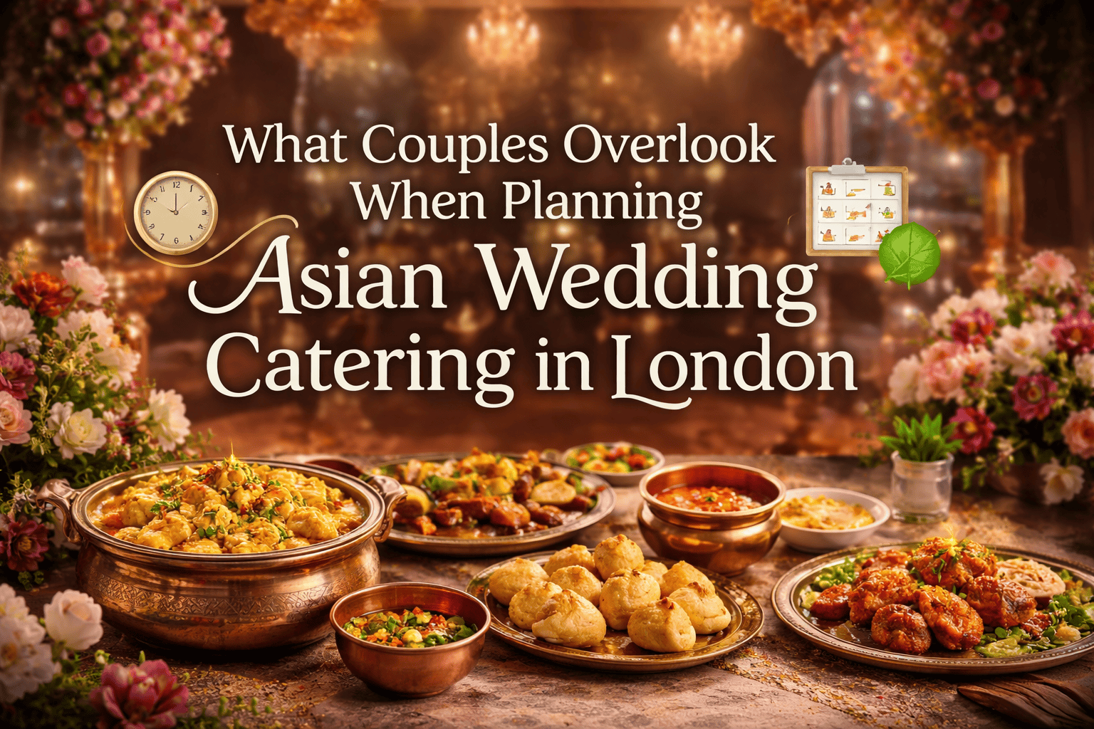 A lavish spread of colorful Asian dishes on an ornate table surrounded by flowers, with elegant lighting. Text reads, "What Couples Overlook When Planning Asian Wedding Catering in London," highlighting expert wedding menu planning tips and wedding-themed icons.