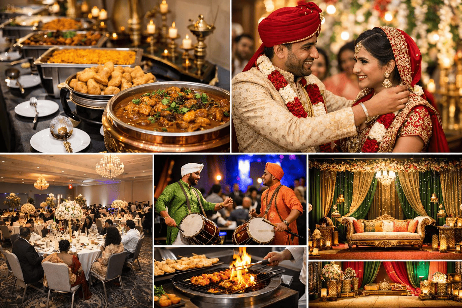 A collage of an Indian wedding outside London: buffet food, a smiling couple in traditional attire exchanging garlands, guests dining at decorated tables, dhol players performing, Asian wedding caterers grilling kebabs, and two ornately decorated stages.