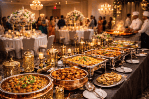 A lavish banquet by expert Indian wedding caterers features ornate gold dishes filled with curries and appetisers. Elegant candles and floral centrepieces adorn the hall, where guests and chefs in white uniforms mingle in the softly lit background.