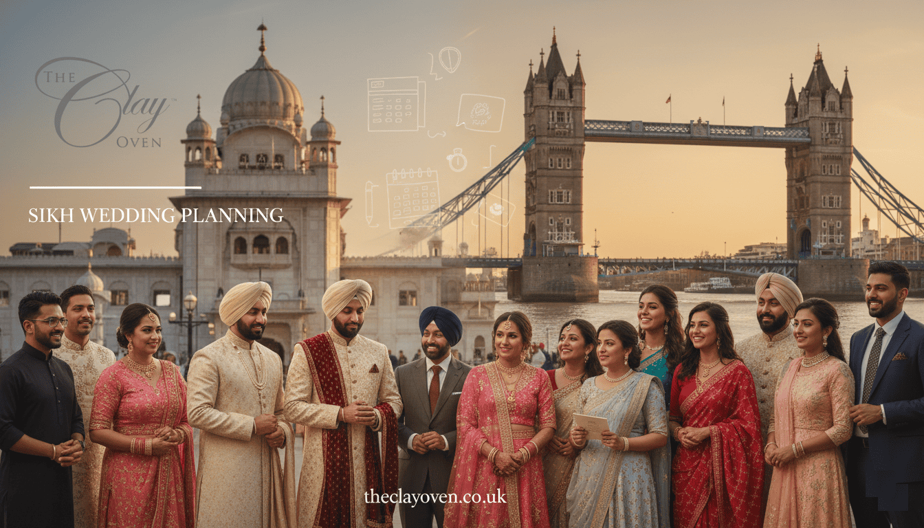 A Sikh wedding London party poses near Tower Bridge, dressed in elegant traditional attire with a gurdwara in the background. Overlay text reads “Sikh Wedding Planning” and features The Clay Oven’s logo and website.