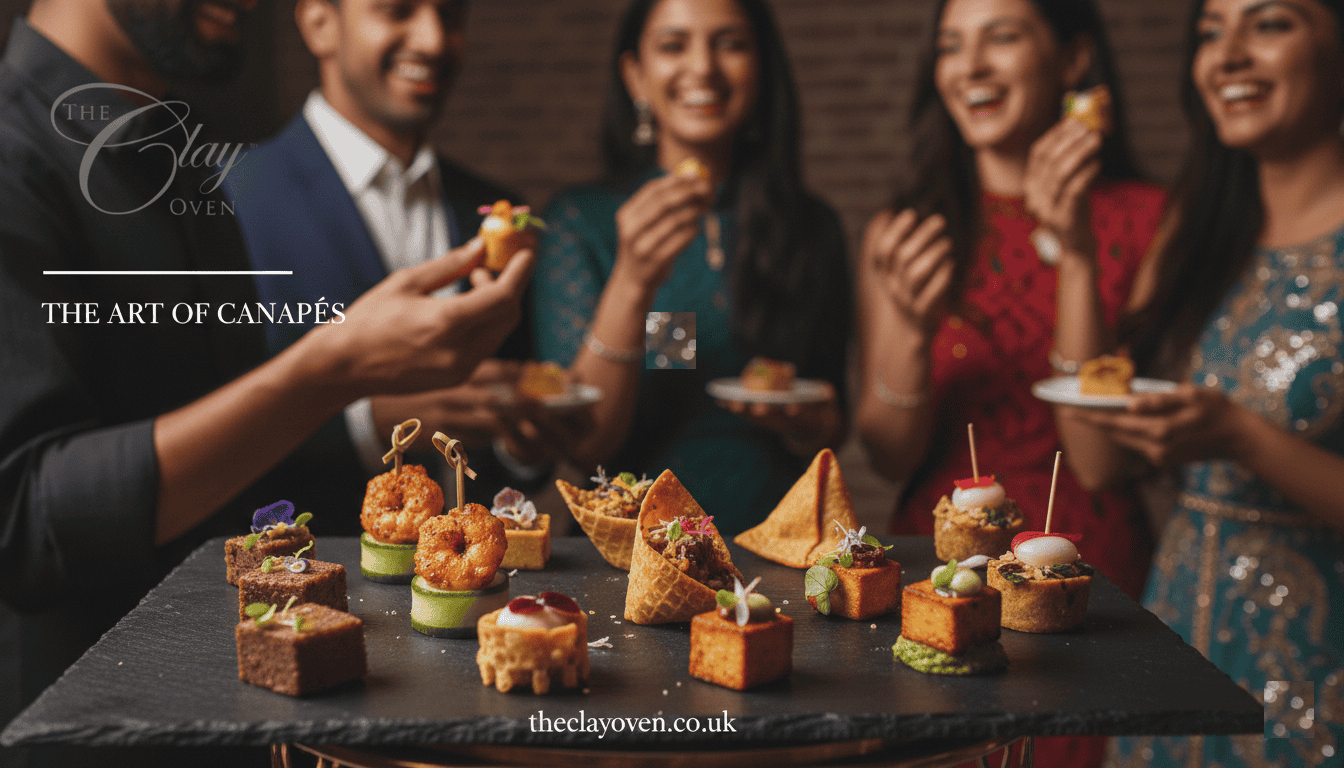 A group of well-dressed people smile and enjoy assorted, colourful canapés from a platter at a social event. Showcasing canapé culture, The Clay Oven’s elegant bite-sized appetisers take centre stage. Text reads “The Art of Canapés.”.