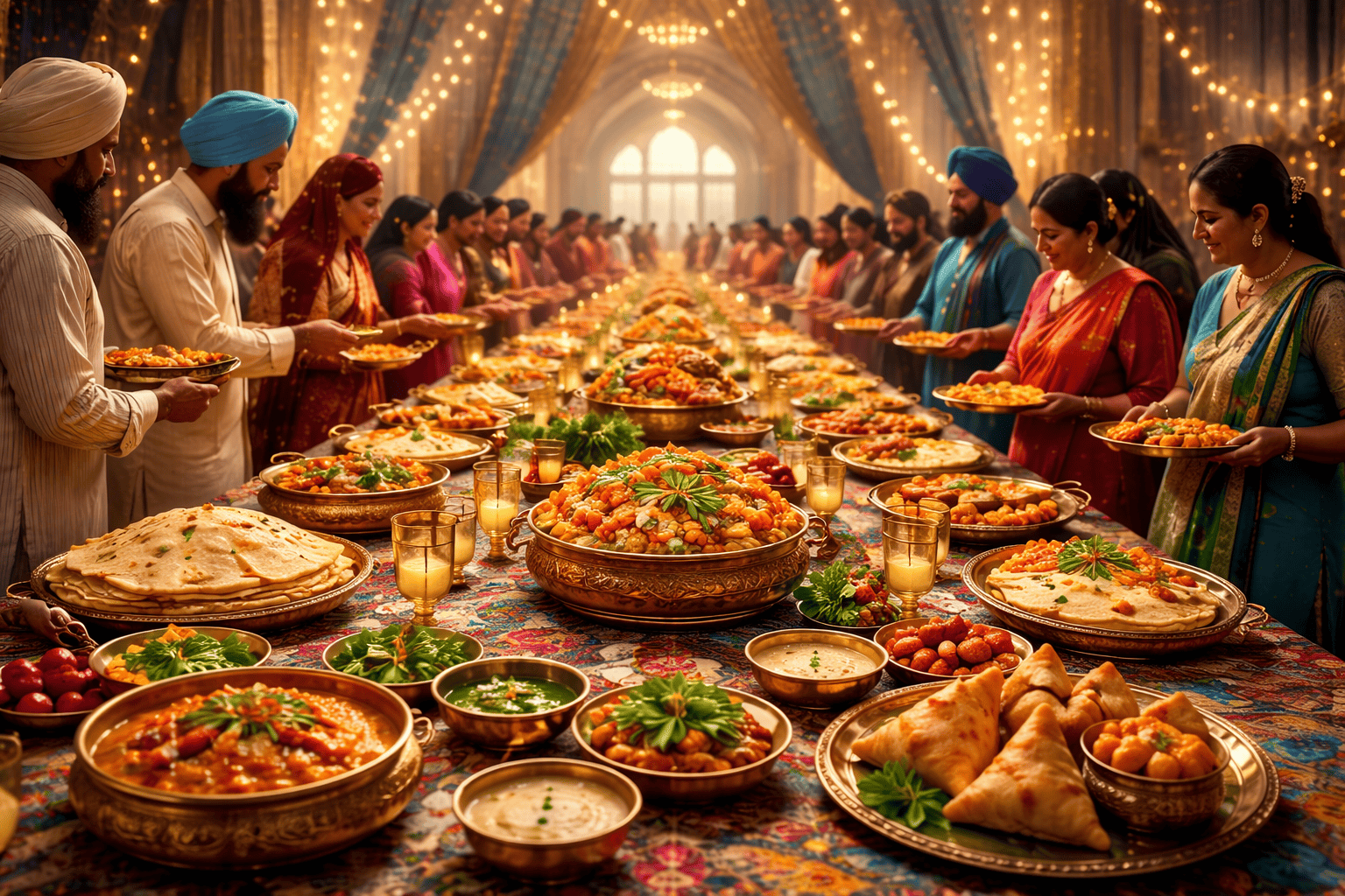 A lavish banqueting hall filled with people in colourful traditional South Asian attire, enjoying Sikh wedding catering with Clay Oven curries, samosas, naan, and desserts on a long table, beneath warm fairy lights and draped blue and gold fabrics.