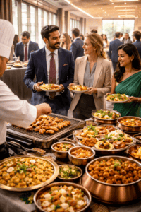 A chef serves food at a buffet filled with Indian dishes during London corporate events. Well-dressed guests smile and chat, enjoying excellent event food, as natural light pours through large windows in the background.
