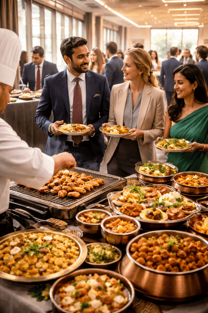 A chef serves food at a buffet filled with Indian dishes during London corporate events. Well-dressed guests smile and chat, enjoying excellent event food, as natural light pours through large windows in the background.