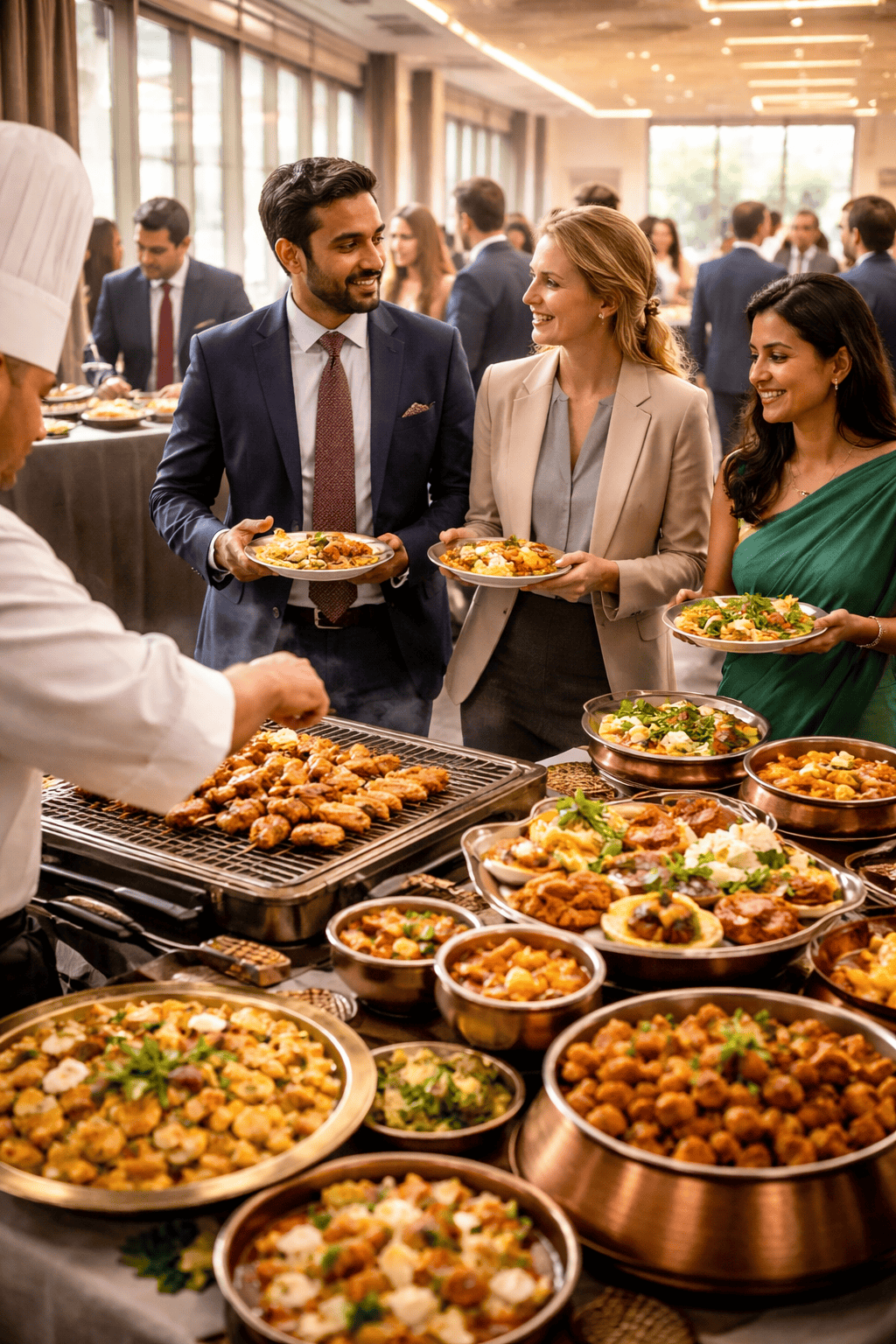 A chef serves food at a buffet filled with Indian dishes during London corporate events. Well-dressed guests smile and chat, enjoying excellent event food, as natural light pours through large windows in the background.