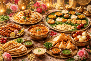 A lavish Indian Wedding Menu featuring ornate dishes of curries, rice, grilled Seekh Kebab, samosas, flatbreads, chutneys, Sandesh sweets, and various sides—set on a decorated table with flowers, candles, and festive décor.