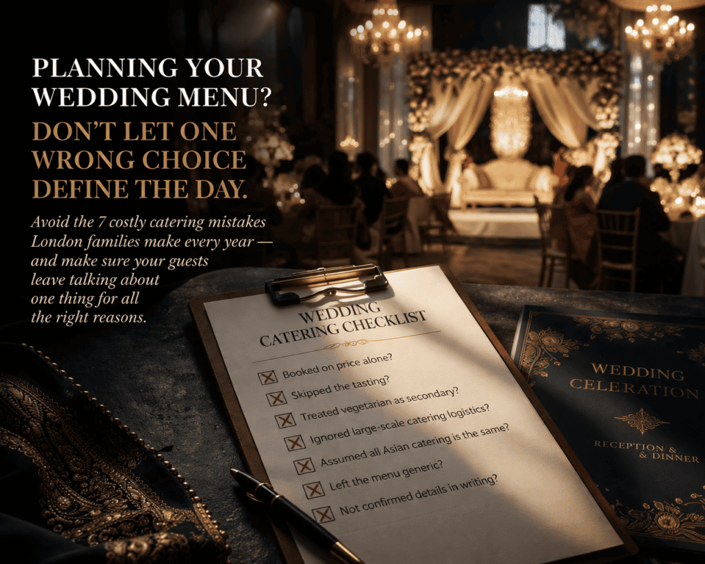 A luxurious London wedding reception features a flower-adorned stage and elegant lights. In the foreground, a clipboard with a "Wedding Catering Checklist" ensures no wedding catering mistakes; nearby lies a “Wedding Celebration” book with expert menu tips.