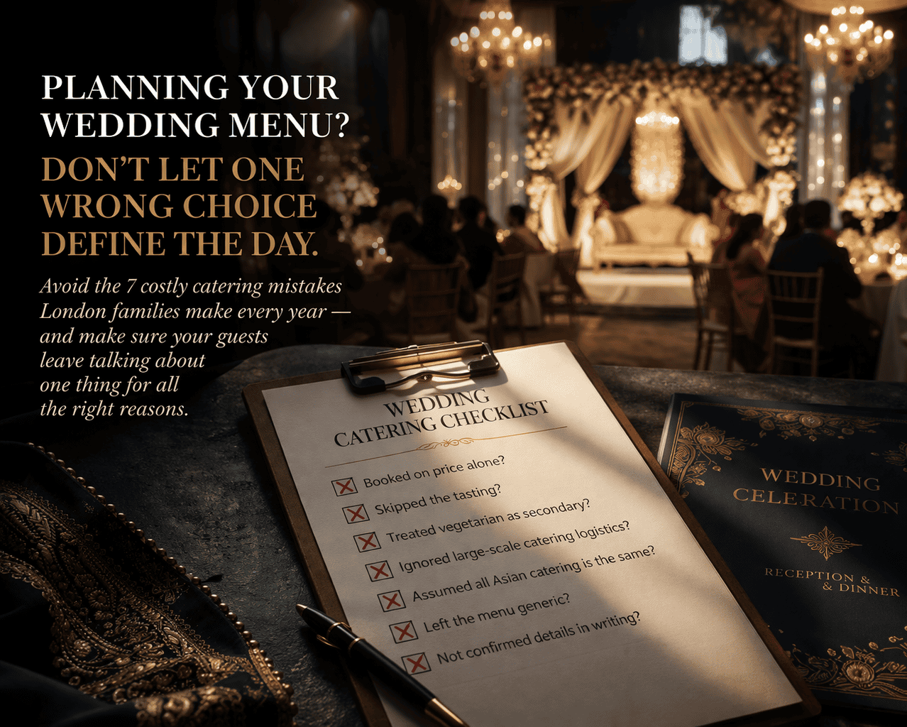 A luxurious London wedding reception features a flower-adorned stage and elegant lights. In the foreground, a clipboard with a "Wedding Catering Checklist" ensures no wedding catering mistakes; nearby lies a “Wedding Celebration” book with expert menu tips.