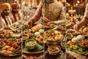A collage shows two grooms in traditional Indian attire beside a lavish feast by Asian catering. Close-up panels highlight gold dishes, ornate crockery, and a hand serving food—all celebrating Hindu, Muslim, Sikh, Tamil, or Sri Lankan traditions.