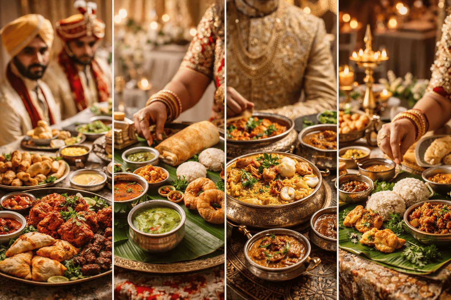 A collage shows two grooms in traditional Indian attire beside a lavish feast by Asian catering. Close-up panels highlight gold dishes, ornate crockery, and a hand serving food—all celebrating Hindu, Muslim, Sikh, Tamil, or Sri Lankan traditions.