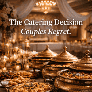 Elegant banqueting hall with ornate chandeliers and draped fabric. Lavish buffet table features diverse foods from top venue caterers. Soft, warm lighting and floral arrangements create a luxurious wedding atmosphere. Text reads: “The Catering Choices Couples Regret.”.
