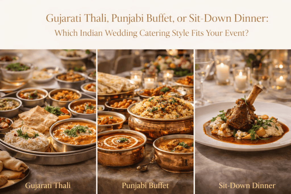 A split image showcases Indian wedding catering: a Gujarati thali with small bowls and breads, a vibrant Punjabi buffet with curries and biryani in copper pots, and a sit-down dinner with plated lamb shank—all on elegant table settings.