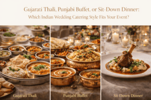 A split image showcases Indian wedding catering: a Gujarati thali with small bowls and breads, a vibrant Punjabi buffet with curries and biryani in copper pots, and a sit-down dinner with plated lamb shank—all on elegant table settings.