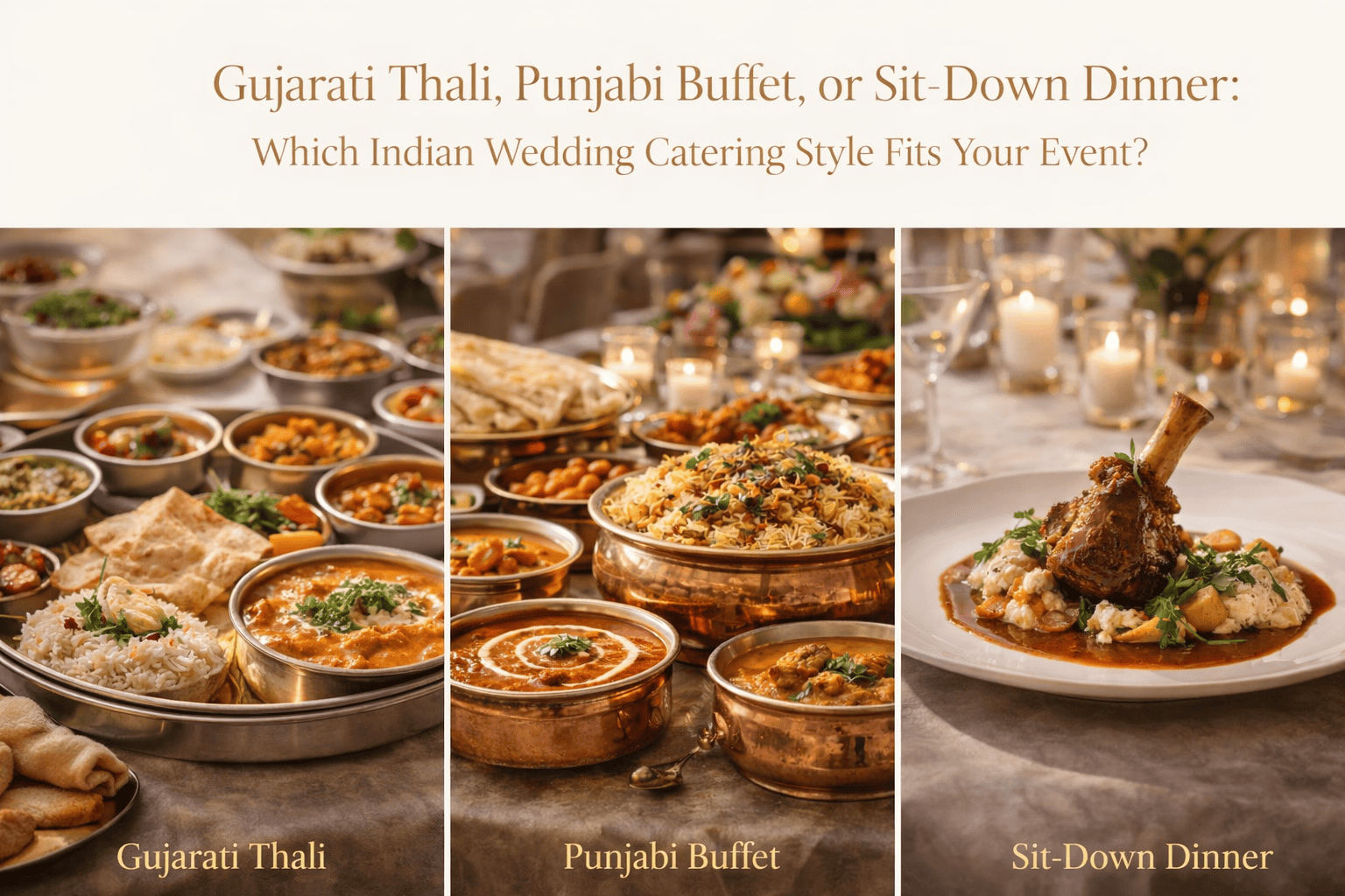 A split image showcases Indian wedding catering: a Gujarati thali with small bowls and breads, a vibrant Punjabi buffet with curries and biryani in copper pots, and a sit-down dinner with plated lamb shank—all on elegant table settings.