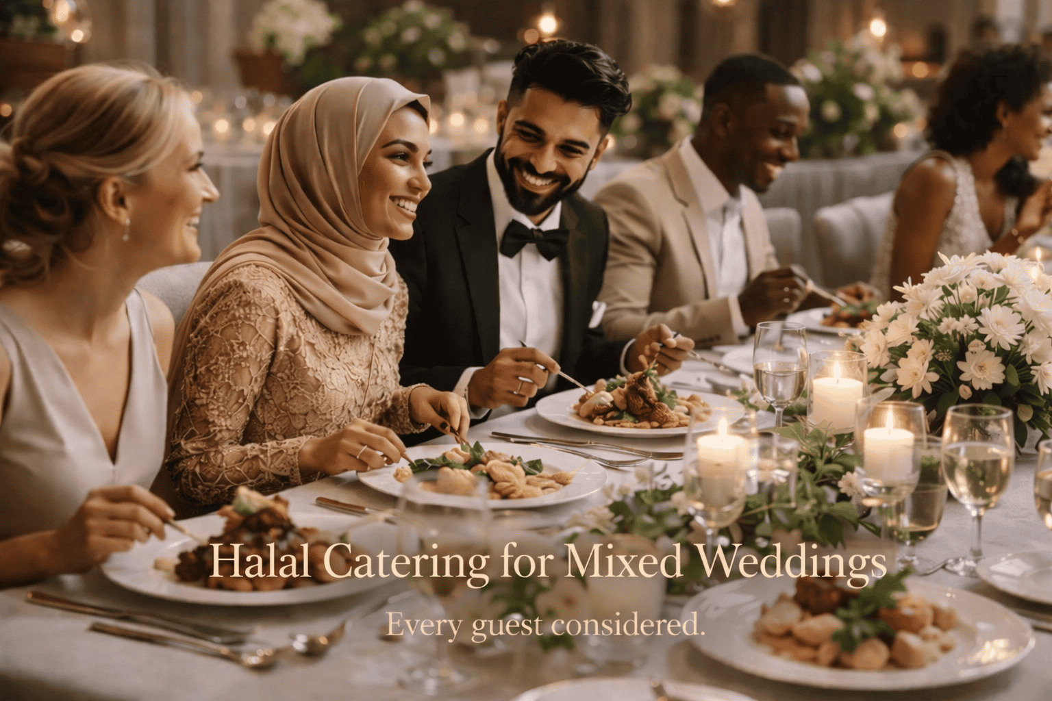 A diverse group of elegantly dressed wedding guests share a joyful meal at a candlelit table adorned with flowers. A woman in a hijab smiles beside others in formal attire. Text reads: “Halal catering for mixed weddings. Guest happiness for all.”.